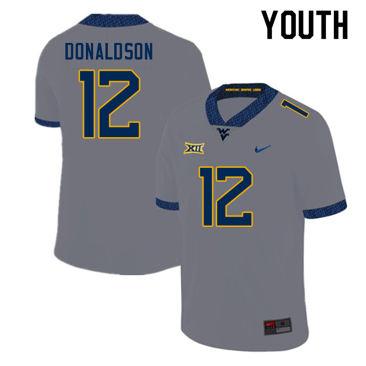Youth #12 CJ Donaldson West Virginia Mountaineers College Football Jerseys Sale-Gray - Click Image to Close